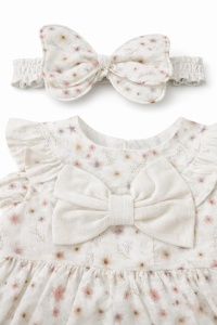 Rochie bebe fetite crem cu flori si bentita, rochita eleganta fetite - Img 4