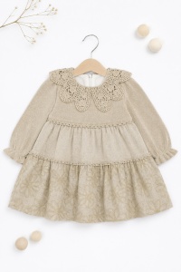 Rochie fetita crem eleganta cu guler dantelat, maneca lunga, stil boho vintage - Img 3