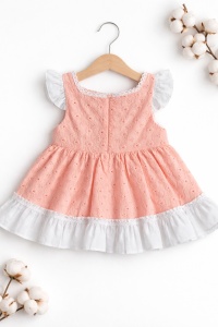 Rochita bebe fetita din bumbac roz cu fundita alba si broderie florala eleganta - Img 3