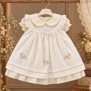 Rochita eleganta fetita din bumbac cu chilot asortat, broderie florala, ivory - Img 3