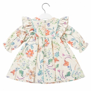 Rochita fetita din in cu imprimeu floral multicolor, volane si maneca lunga - Img 3