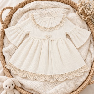 Rochita fetita ivory cu dantela si fundita, prezentare in decor