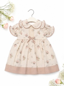 Rochita fetite crem din bumbac cu imprimeu floral si guler elegant - Img 2