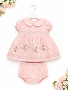 Rochita fetite roz eleganta din bumbac cu broderie florala si chilotel inclus - Img 2