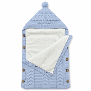 Sac de dormit bebe tricotat bleu cu gluga, captuseala pufoasa si nasturi laterali - Img 4