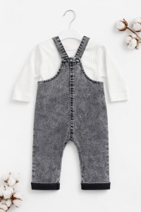 Salopeta bebe denim gri cu bluzita bumbac set 2 piese copii casual modern - Img 3