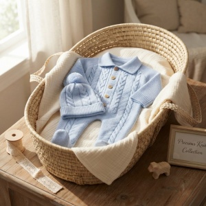 Salopeta tricotata bebe bleu cu guler, nasturi si caciulita, prezentare in decor