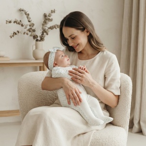 Salopeta bebe fetita din bumbac cu botosei integrati si bentita, alb cu verde menta, iepuras - Img 2