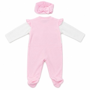 Salopeta bebe fetita din bumbac cu botosei integrati si bentita, roz cu alb, stelute - Img 3