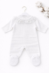 Salopeta bebe fetita muselina alba eleganta guler dantela botez bentita inclusa - Img 3