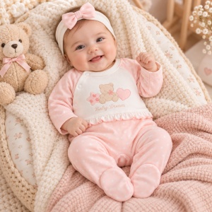 Salopeta bebe fetita roz cu botosei, ursulet si bentita cu fundita