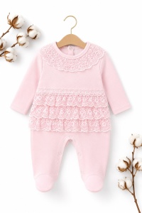 Salopeta bebe fetita roz cu volane din dantela, 100% bumbac, eleganta - Img 2