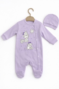 Salopeta bebe fetite mov lila cu caciulita 2 piese bumbac - Img 2