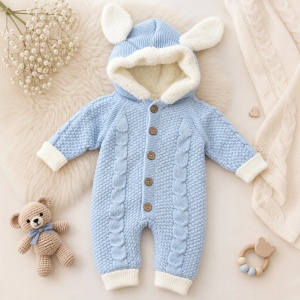 Salopeta bebe groasa pentru iarna albastra imblanita cu gluga si urechiuse, prezentare in decor