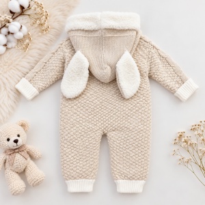 Salopeta bebe pentru iarna bej tricotata cu interior imblanit, gluga cu urechiuse si model torsadat, prezentare in decor