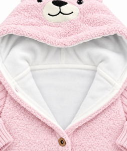 Salopeta bebe roz cu gluga ursulet, captusita cu bumbac, maneci din lana naturala - Img 4