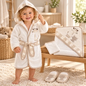 Set baie bebe 4 piese din bumbac, halat cu gluga, prosop, manusa si papucei, model girafa, crem-bej