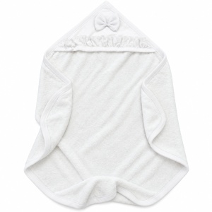 Set baie bebe 4 piese din bumbac, halat cu gluga, prosop, manusa si papuci, fundite, alb - Img 6