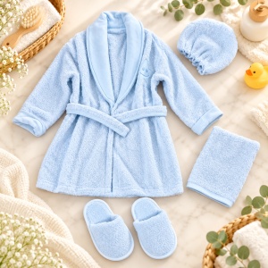 Set baie bebe 5 piese din bumbac, halat, prosop, turban si papuci, bleu - Img 3
