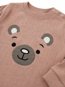 Set bebe 2 piese bumbac ribat maro cu ursulet, bluza pantaloni nou nascut - Img 2