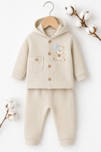 Set bebe 3 piese bej din bumbac cu hanorac bluza si pantaloni pentru bebelusi - Img 6
