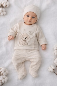 Set bebe 3 piese catelus bluza pantaloni si caciulita crem confortabil
