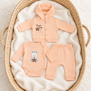 Set bebe 3 piese din bumbac piersica cu hanorac cu gluga, body si pantaloni - Img 2