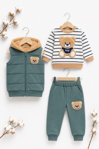 Set bebe 3 piese verde din bumbac cu bluza, vesta cu gluga si pantaloni pentru bebelusi - Img 2