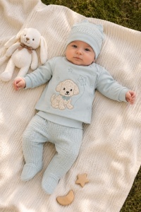 Set bebe 3 piese verde mentă din bumbac cu bluza pantalon si caciulita catelus