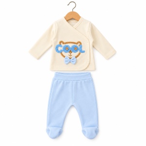Set bebe 5 piese bumbac bleu si crem, ursulet COOL, pantaloni cu botosei integrati - Img 5