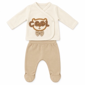 Set bebe 5 piese bumbac crem si bej, ursulet COOL, pantaloni cu botosei integrati - Img 5