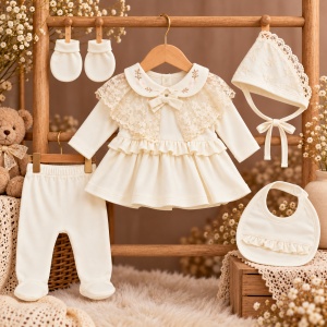 Set bebe 5 piese din bumbac, bluza cu dantela, pantaloni cu botosei, boneta, baveta si manusi, crem - Img 2