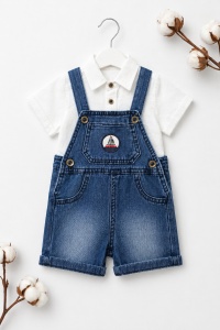 Set bebe baiat 2 piese camasa alba si salopeta denim cu bretele pantaloni scurti - Img 3