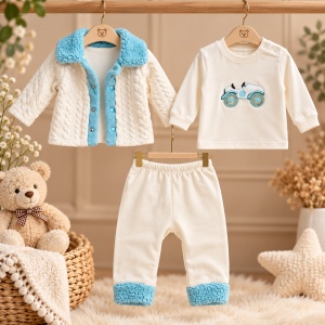 Set bebe baiat 3 piese bumbac, bluza cu motocicleta, pantaloni si jacheta crem bleu - Img 2