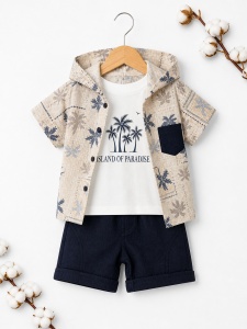 Set bebe baiat 3 piese camasa cu gluga palmieri tricou si pantaloni scurti vara - Img 2