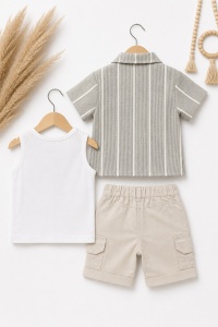 Set bebe baiat 3 piese camasa dungi tricou si pantaloni scurti casual vara - Img 4