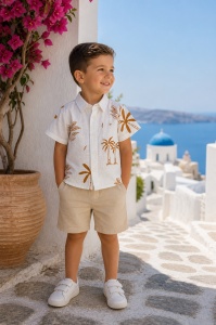 Set bebe baiat 3 piese camasa imprimeu tricou si pantaloni scurti vara casual