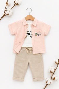 Set bebe baiat 3 piese camasa muselina tricou bumbac si pantaloni in casual vara - Img 2