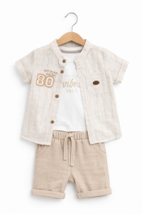 Set bebe baiat 3 piese din bumbac camasa tricou si pantaloni scurti elegant casual - Img 3