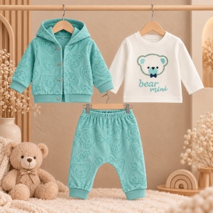 Set bebe baiat 3 piese din bumbac cu hanorac cu ursuleti, bluza si pantaloni turcoaz - Img 2