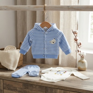Set bebe baiat 3 piese din bumbac, hanorac cu gluga, body si pantaloni, bleu cu ursulet - Img 2