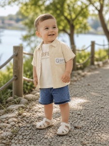 Set bebe baiat 3 piese tricou maiou camasa crem si pantaloni scurti denim vara