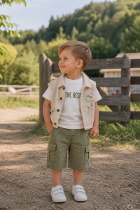 Set bebe baiat 3 piese tricou vesta si pantaloni scurti cargo casual