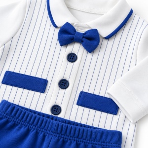 Set bebe baiat 5 piese din bumbac alb si albastru cu papion si pantaloni cu botosei - Img 4