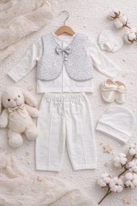 Set bebe baiat alb elegant 6 piese, cu vesta si papion