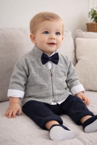 Set bebe baieti elegant 4 piese camasa cardigan papion si pantaloni