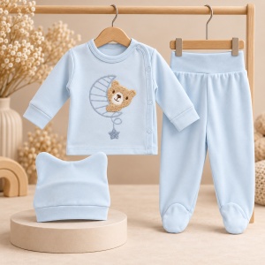 Set bebe bleu din bumbac 3 piese cu ursulet pe semiluna si botosei integrati - Img 2