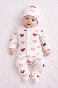 Set bebe bumbac 3 piese alb cu inimioare bluza pantaloni si caciulita