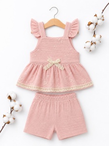 Set bebe fete 2 piese muselina roz – bluza tip rochita cu volane si pantaloni scurti - Img 2