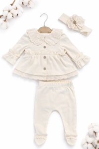 Set bebe fete crem 3 piese elegant bluza volane dantela pantaloni bentita - Img 2